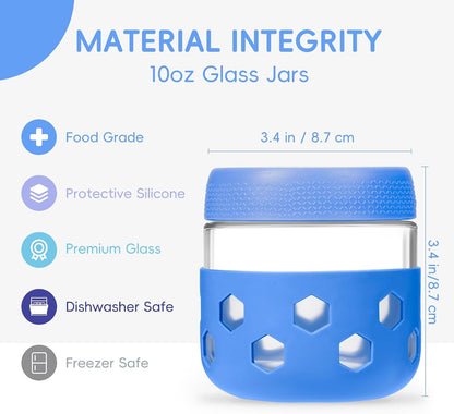 Gemice 6-Pack 10oz Glass Mason Jars with Silicone Sleeves, Airtight BPA-Free Overnight Oats Containers with Lids, Dishwasher Safe Leak-Proof Meal Prep Jars for Chia Pudding, Yogurt, Snacks