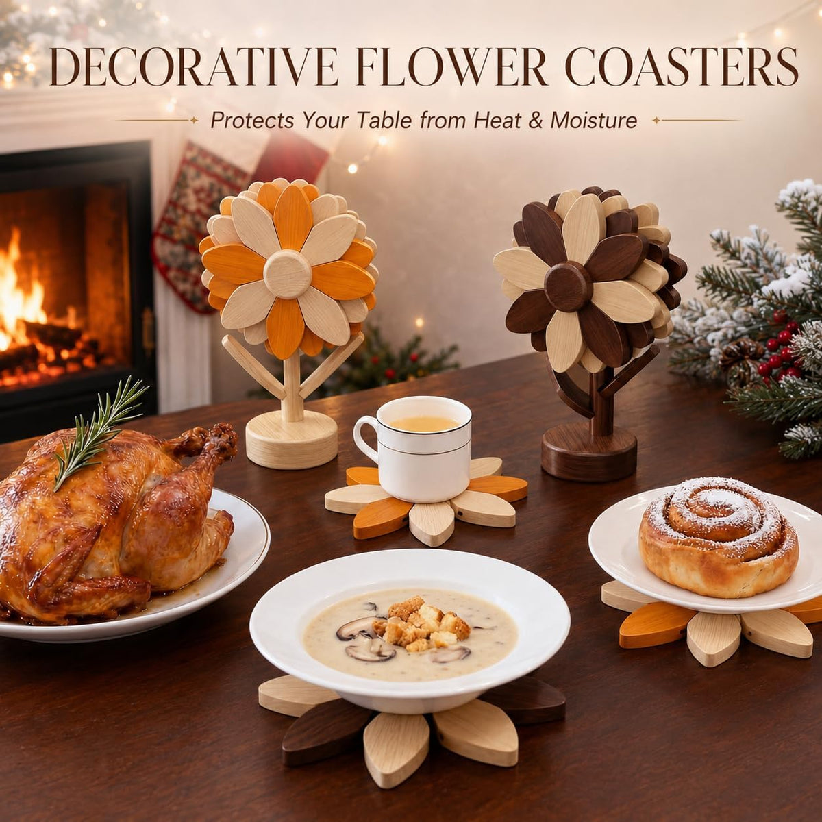 Sunflower Trivets for Hot Dishes, 5Pc Wooden Tree Trivet Stand Set