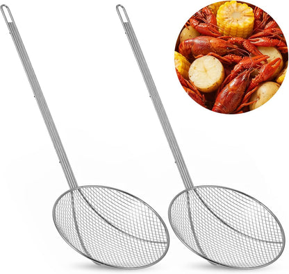 2 Pcs 17.7 Inch Stainless Steel Skimmer Round Plated Wire Strainer Fryer Spoon Mesh Stirring with Long Handle, Food Strainer Skimmer Spoon for Kitchen Fried Food Cooking Straining Frying