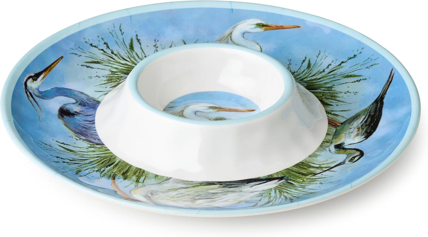 Coastal Birds Melamine 3-Pc. HOSTESS SERVING SET – Chip & Dip, 3-Section Relish Tray, Rectangular Platter – Shatterproof BPA-Free Outdoor Serving for Beach House Entertaining, Appetizers & Seafood