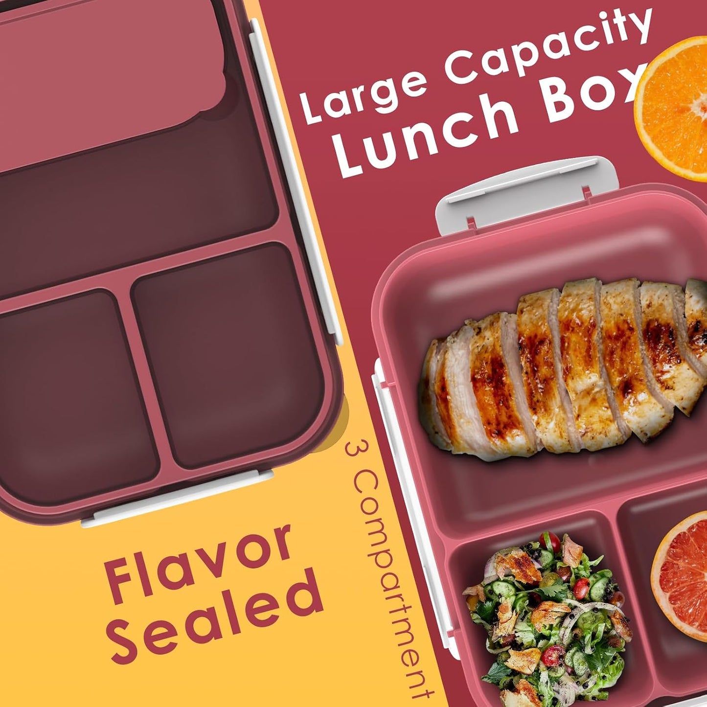 WHALEHOUSE Bento Lunch Box, 1300ML 4 Compartments Meal Prep Container with Utensil, Airtight Food Storage Container with Snap Locking Lids, Microwave/Dishwasher/Freezer Safe, On the Go