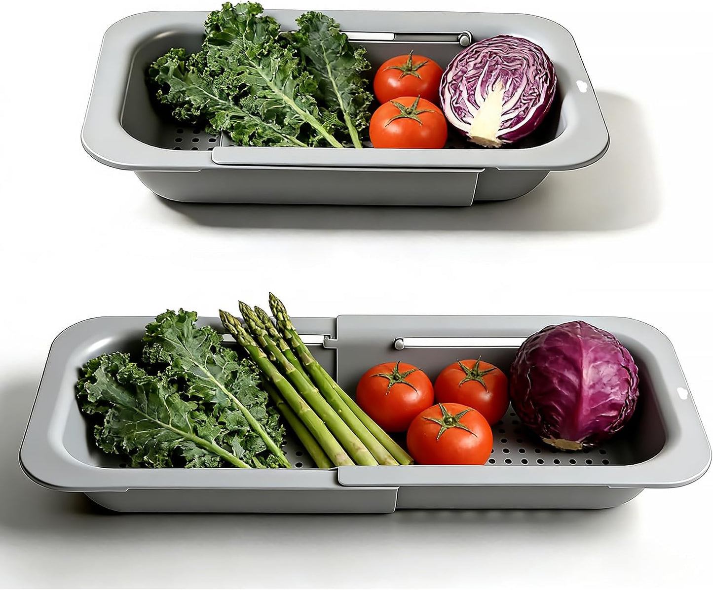 Extendable Colander Strainer Basket, Over the Sink Colander and Strainer for Kitchen, Wash Vegetables and Fruits, Drain Pasta and Dry Dishes, Adjustable Colander from 13.5In to 18.7In, Gray