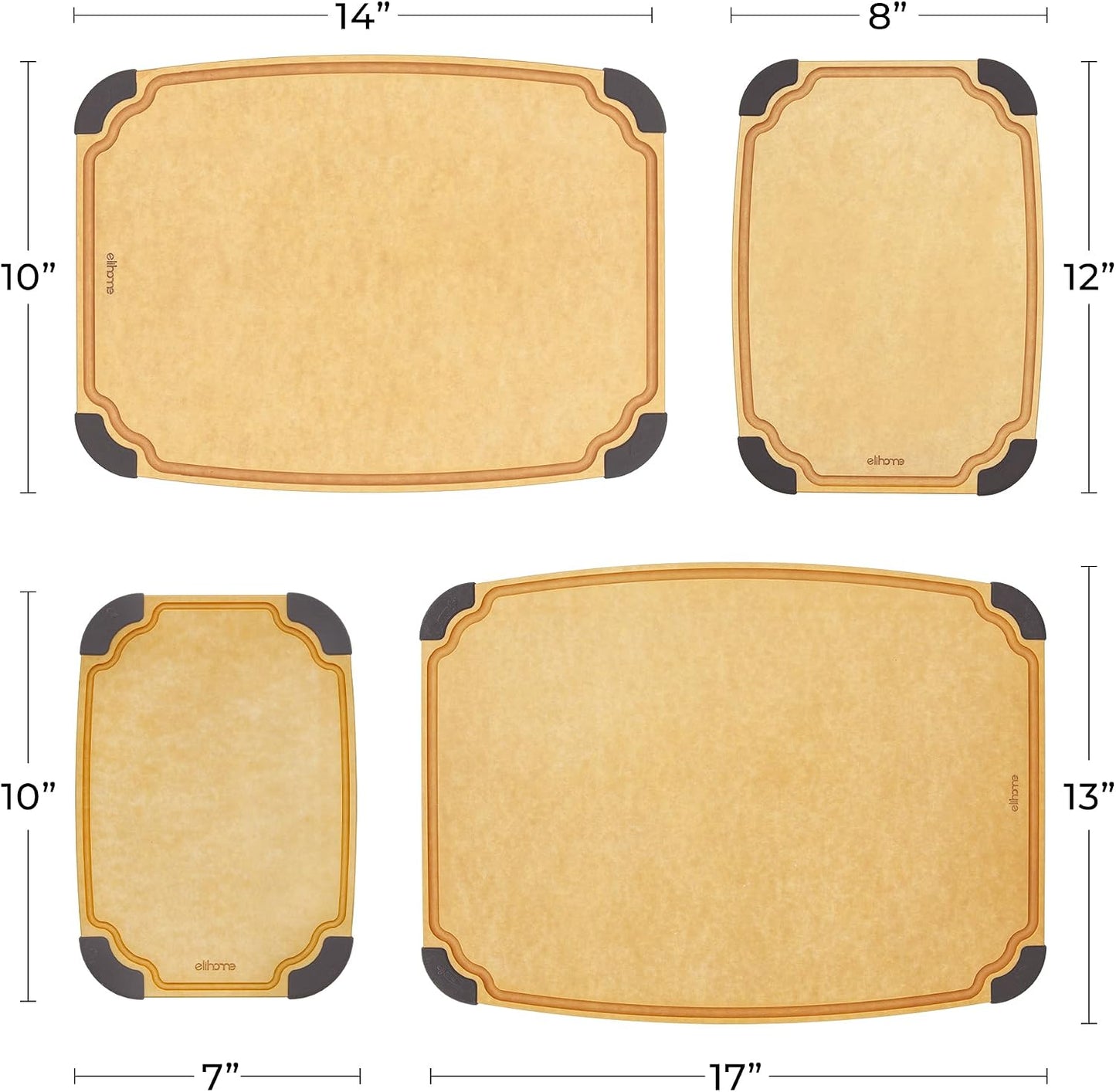 Elihome Essential Series 2-in1 Wood Cutting Board Set for Kitchen, Wooden Board for Chopping Vegetables, Bread, Cheese, Meat, Salad, Bread Board for Countertop, Butcher Block, Non-Slip
