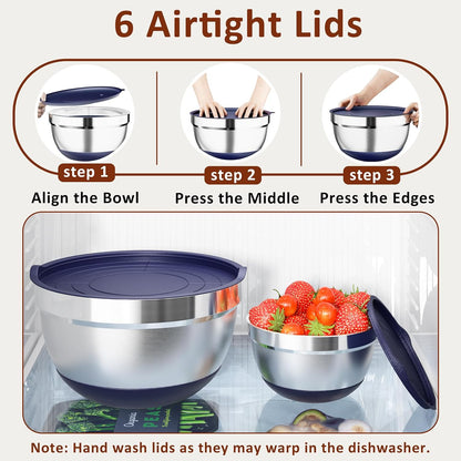 9 Pack Mixing Bowls with Airtight Lids & Grater Attachments, Khaki