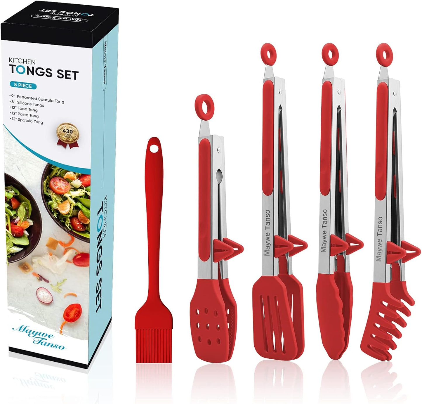 3 Pack Silicone Tongs for Cooking,Maywe Tanso 9 Inch Cooking Kitchen Tongs with Silicone Tips,Nonstick Stainless Steel Tongs for Steak Pie Pizza Pasta Spaghetti Salad BBQ Buffet