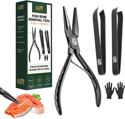Fish Bone Pliers/Tweezers – Serrated Jaw Plier + Flat & Slant Tweezers | Stainless Steel Pin Bone Remover & Deboning Tools for Salmon, Trout & All Seafood