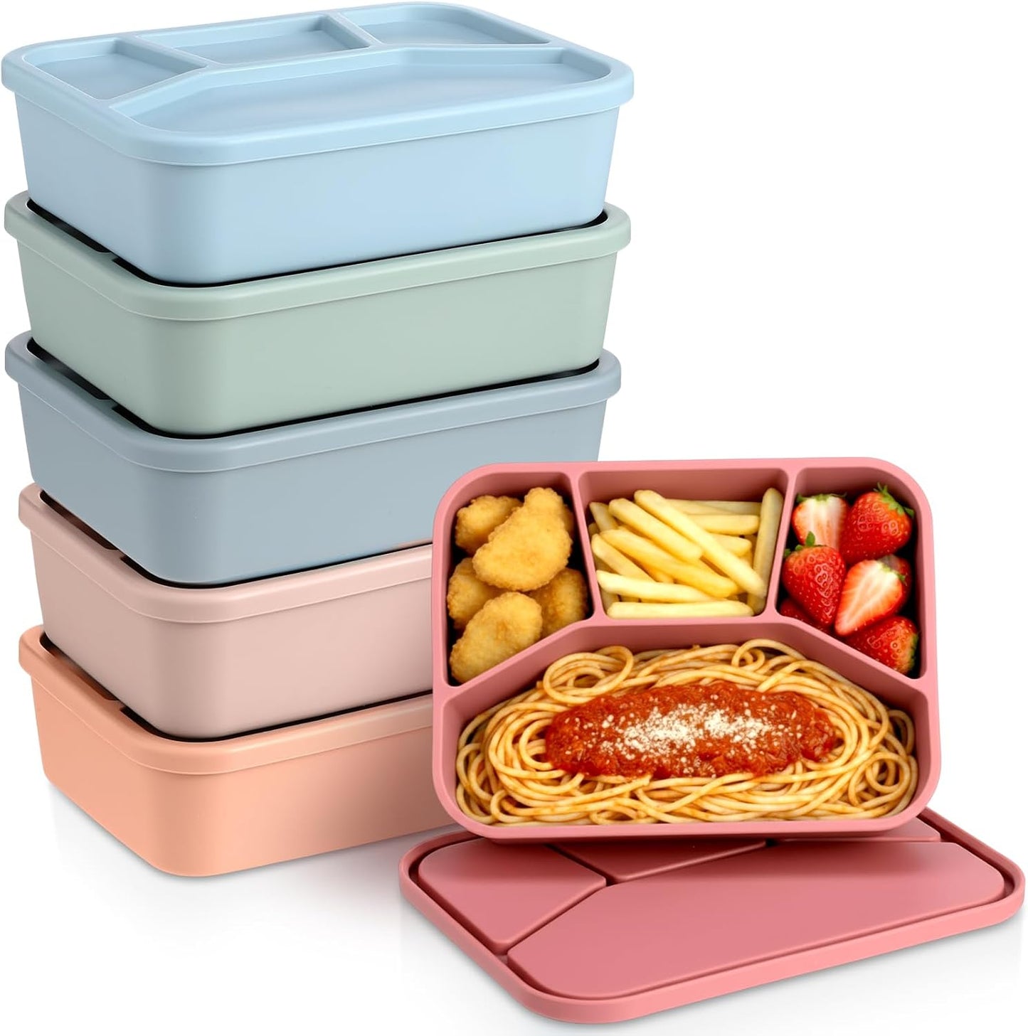 Honeydak 6 Pcs Silicone Bento Box Reusable Lunch Container 4 Compartment Snack Boxes with Lid Smooth LeakProof Rectangle Food Boxes for Adult Work Travel Food Storage (Cute Color)