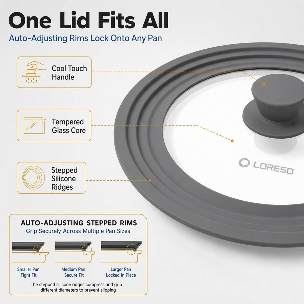 Universal Lid for Pots, Pans & Skillets, 7.5-11.5" Cookware