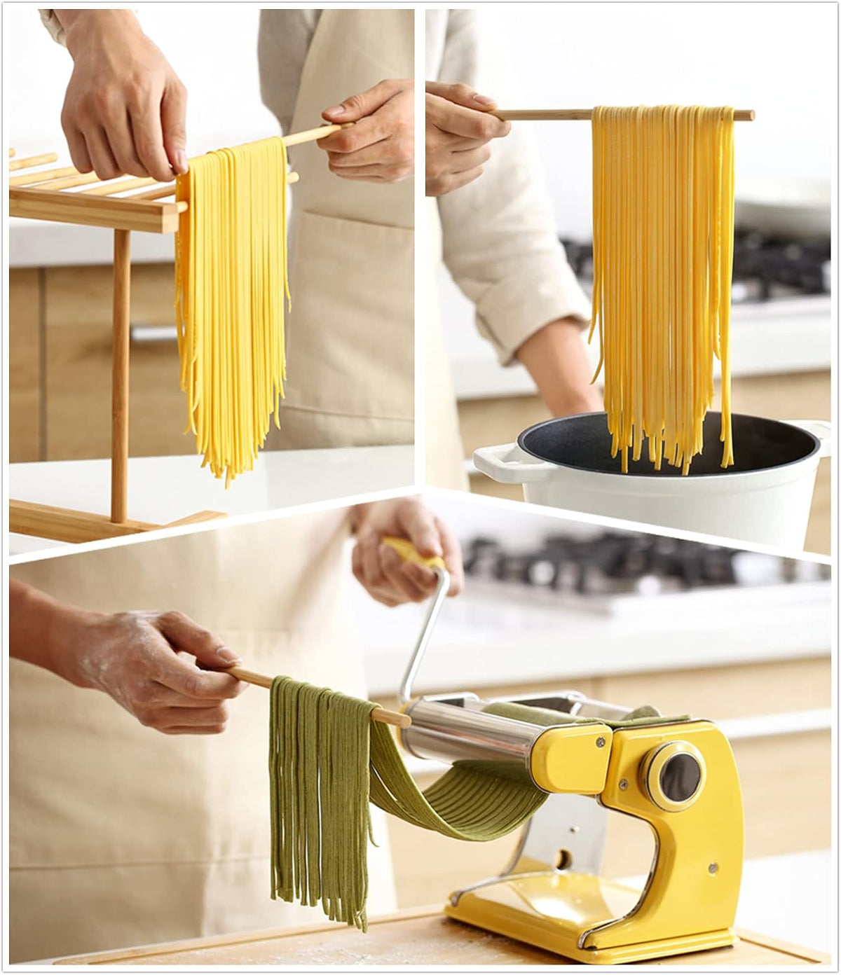 Bamboo Pasta Drying Rack with 8 Bars and Transfer Wand, Easy to Transfer for Drying Pasta and Cooking, Special Suspension Design for Large Storage