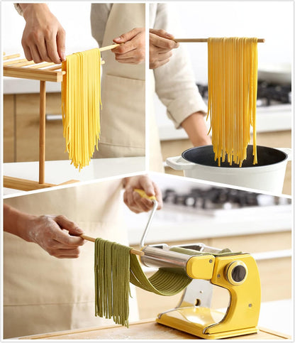 Bamboo Pasta Drying Rack with 8 Bars and Transfer Wand, Easy to Transfer for Drying Pasta and Cooking, Special Suspension Design for Large Storage