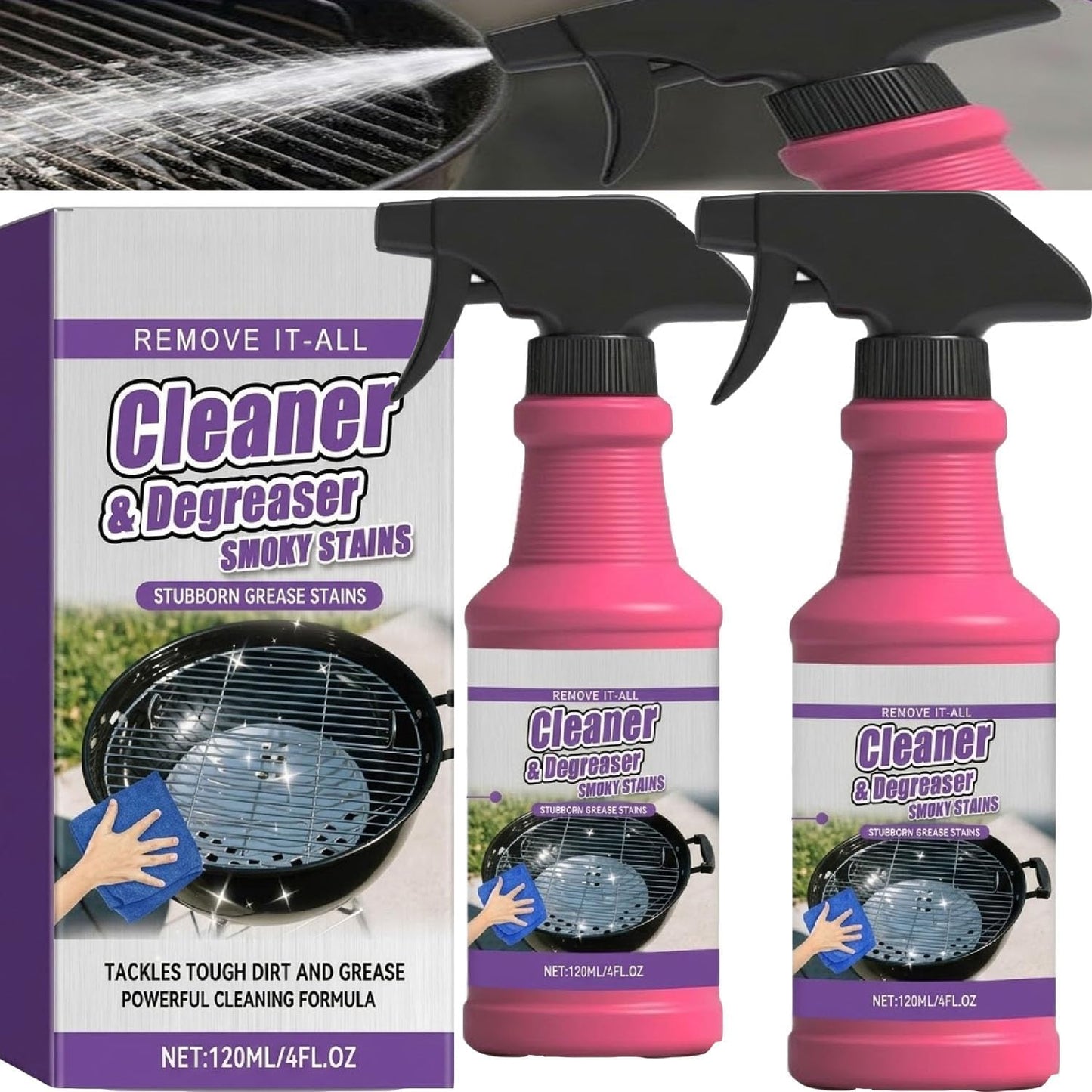 4Oz Grill Cleaner Spray - Fast-Acting Heavy-Duty BBQ Degreaser for Outdoor Grills, Smokers & Grates - Professional Grease Remover for Burnt Food (2pcs)