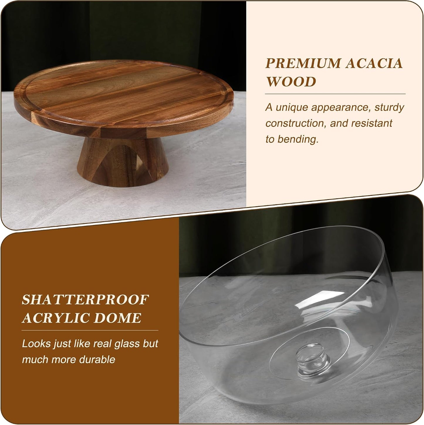 Bellsal Cake Stand with Dome Lid, 12in Acacia Wood Cake Plate with Cover, Wooden Cake Display Stand with Acrylic Dome, Cake Decorating for Baking Gift