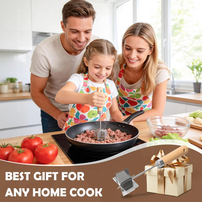 304 Stainless Steel Meat Chopper, 6-Blade Ground Beef Masher & Hamburger Smasher Tool, Heavy Duty Ground Meat Chopper with Ergonomic Wooden Handle for Beef, Turkey & Potatoes