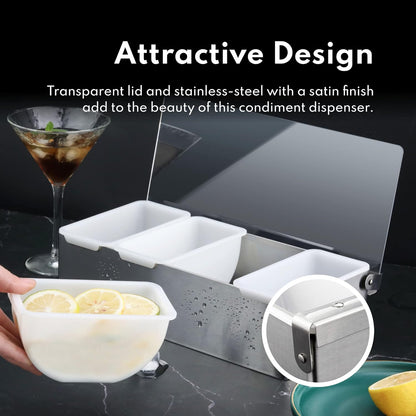 New Star Foodservice | Multi-Compartment Restaurant-Grade Condiment Dispensers (Silver, 3 Compartments)