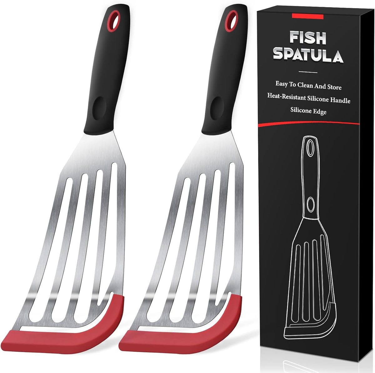 Silicone Fish Spatula, Heat Resistant Silicone Edge for Nonstick Cookware, Fish Turner for Kitchen Use, Flexible and Thin Stainless Steel Cooking utensils, Perfect Slotted Spatula for Egg, Pancake