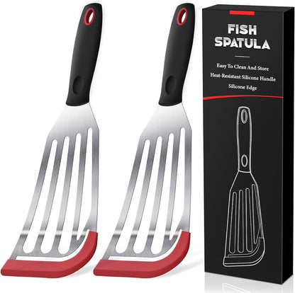 Silicone Fish Spatula, Heat Resistant Silicone Edge for Nonstick Cookware, Fish Turner for Kitchen Use, Flexible and Thin Stainless Steel Cooking utensils, Perfect Slotted Spatula for Egg, Pancake
