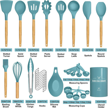 Umite Chef Kitchen Cooking Utensils Set, 33 pcs Non-Stick Silicone Cooking Kitchen Utensils Spatula Set with Holder, Wooden Handle Silicone Kitchen Gadgets Utensil Set (Khaki)