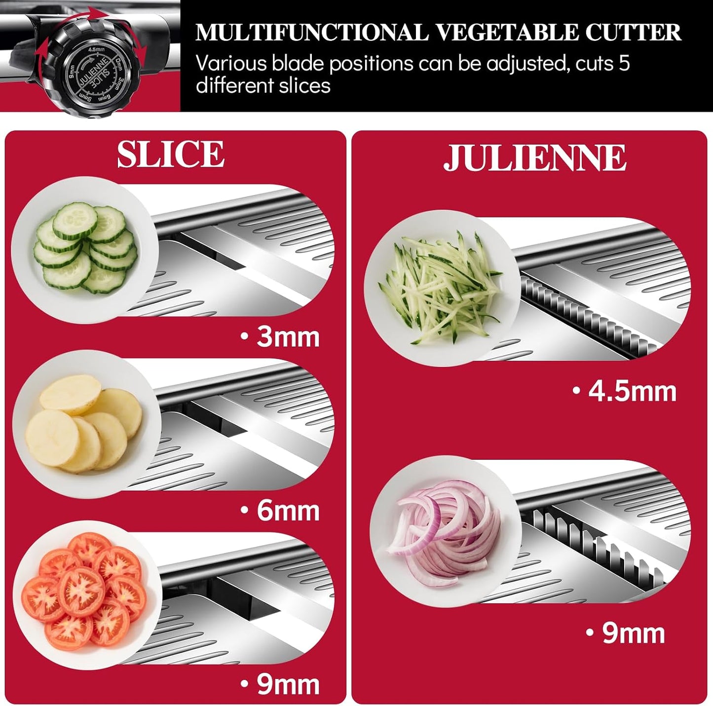 Masthome Adjustable Mandoline Slicer, Thin to 9mm Slice, 4.5mm & 9mm Julienne - Vegetable Cutter for Potato Carrot Onion - Stainless Steel - with Glove & Brush (Red)