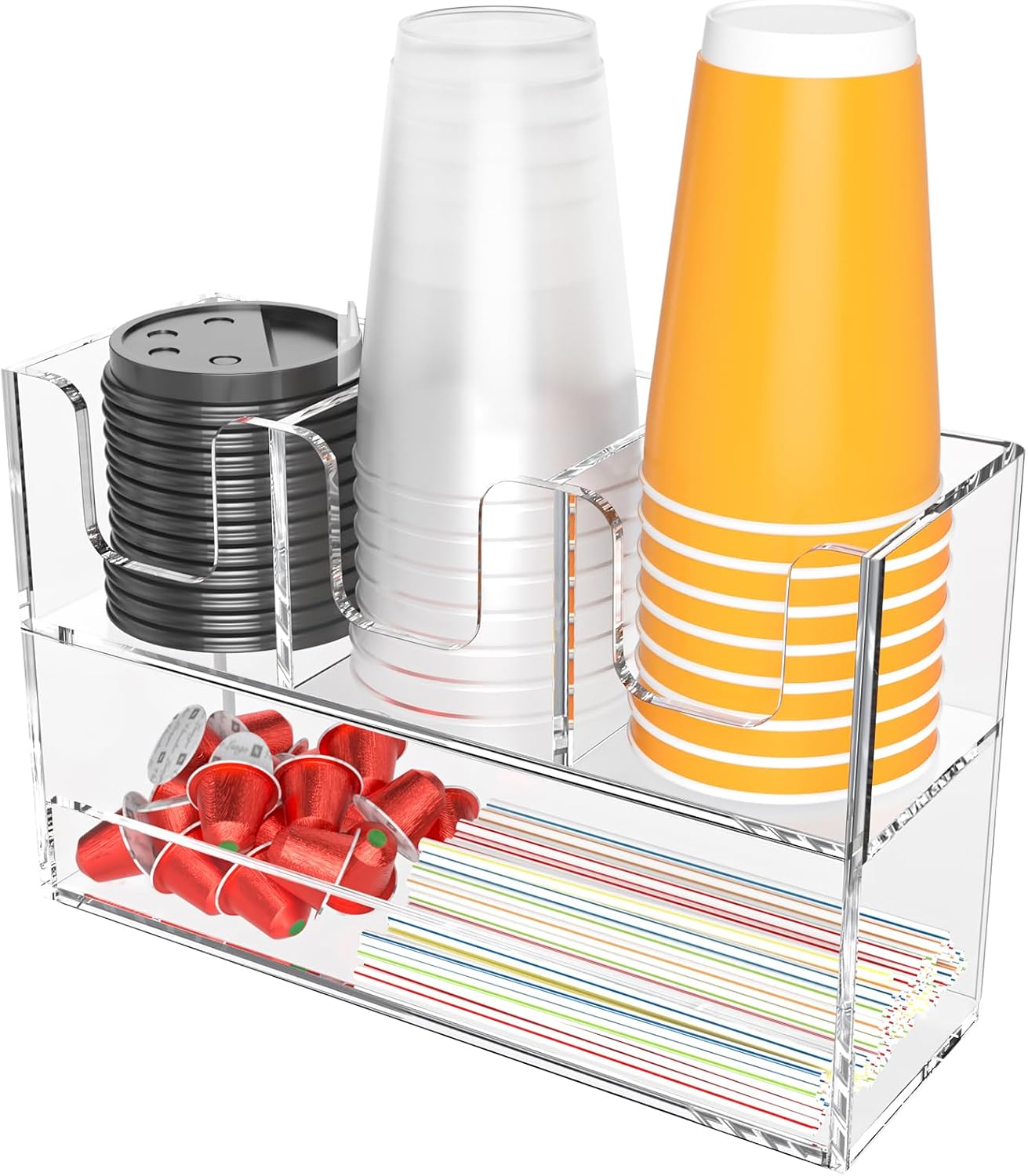 Beego 2-Compartment Cup Holder for Countertop - 2-Tier Clear Acrylic Cup Dispenser Coffee Station Paper Cup and Lid Organizer Condiment Storage for Restaurant Breakroom Kitchen Bar Accessories