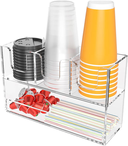Beego 2-Compartment Cup Holder for Countertop - 2-Tier Clear Acrylic Cup Dispenser Coffee Station Paper Cup and Lid Organizer Condiment Storage for Restaurant Breakroom Kitchen Bar Accessories
