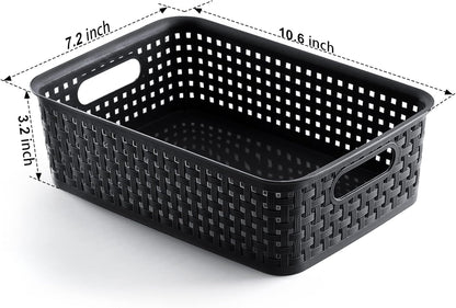 [ 12 Pack ] Plastic Storage Baskets, Small Pantry Organization and Storage Bins, Household Organizers for Laundry Room, Bathrooms, Kitchens, Cabinets, Countertop, Under Sink or Shelves, Black