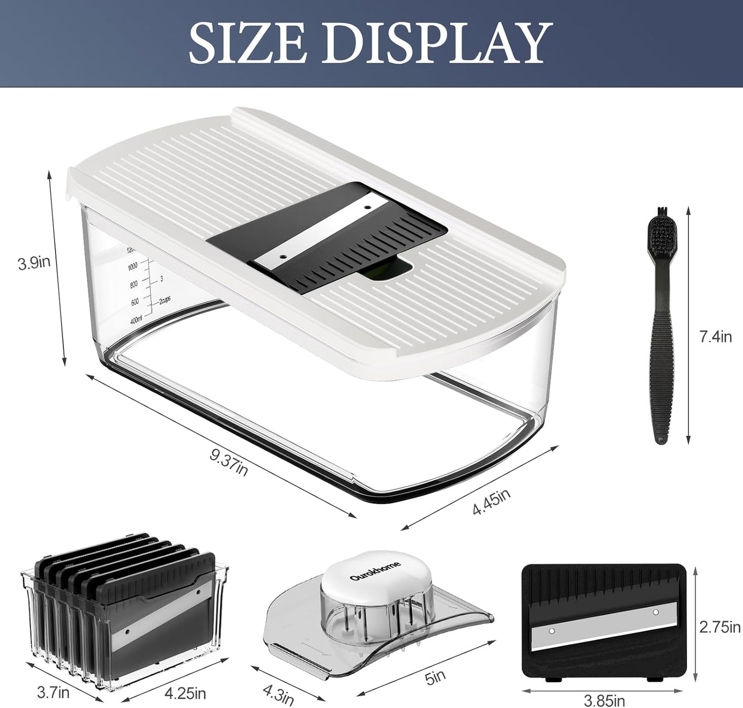 Ourokhome Mandolin Slicer for Kitchen Food, Hand Safe Vegetable Shredder with 6 Mandoline Blades, Veggie Waffle Cutter for Potato, Carrot, Zucchini, Onion, Essential Kitchen Gadgets (6 in 1, Gray)