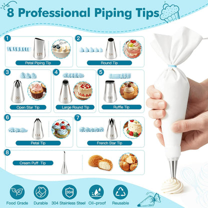 8PCS Large Piping Tips Set, Piping Bags and Tips Set, 304 Stainless Steel Cake Decorating Tips with Reusable Piping Bag, Cake Decorating Kit for Cookie, Cupcake, Cake Decoration