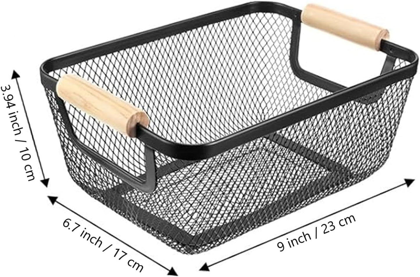 AJIODA Metal Mesh Steel Basket, Large Wire Storage Organizer Basket Multi-function Hanging Kitchen Baskets with Wood Handle for Kitchen Bathroom Picnic Home, Rectangle-Off White