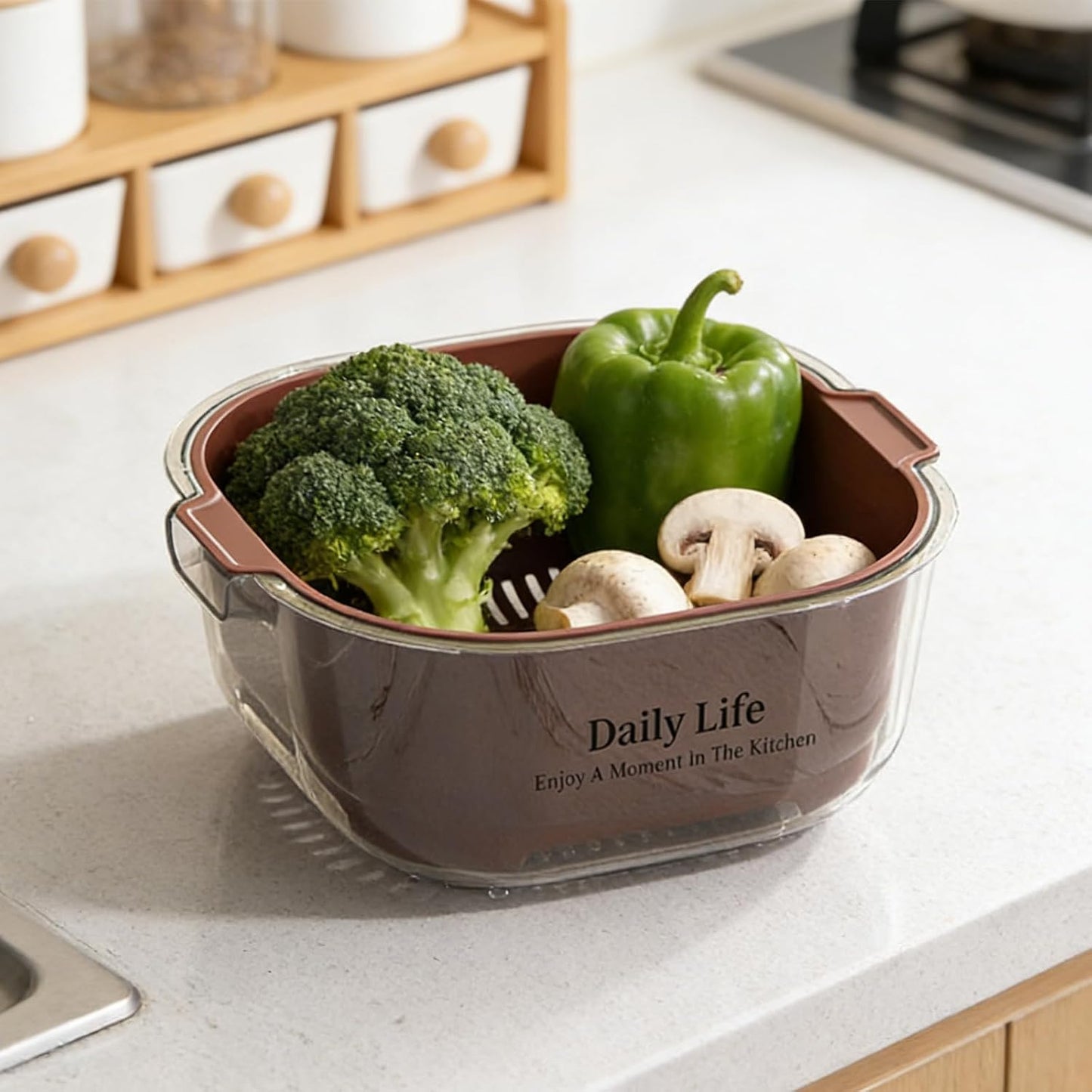3 Pcs Set Double-Layer Plastic Colander, Large Capacity Food Strainers, Fruits Vegetable Washing Draining Basket, Detachable and Stackable Multi-Layer Strainer Bowl, Easy to Clean for Kitchen (Brown)