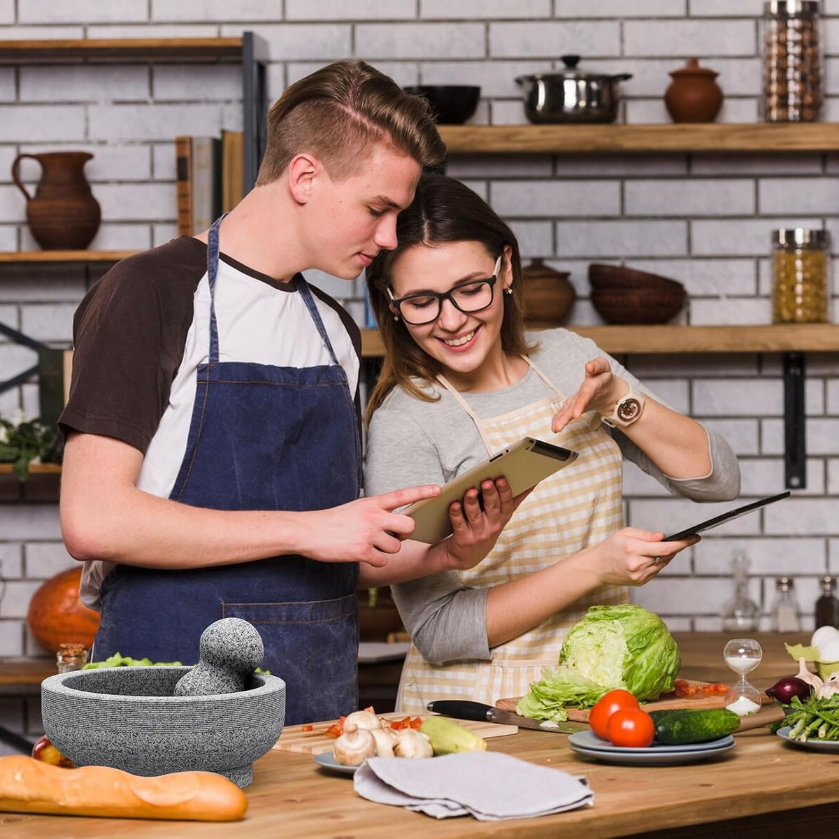 Large Mortar and Pestle Set- 4 Cup Unpolished Granite Bowl Heavy Duty Molcajete Mexicano Guacamole Pastes Pestos Salsa Bowl, Grind Seeds, Herbs, Pills, Kitchen Lab Muddler, Gray, 8 Inches