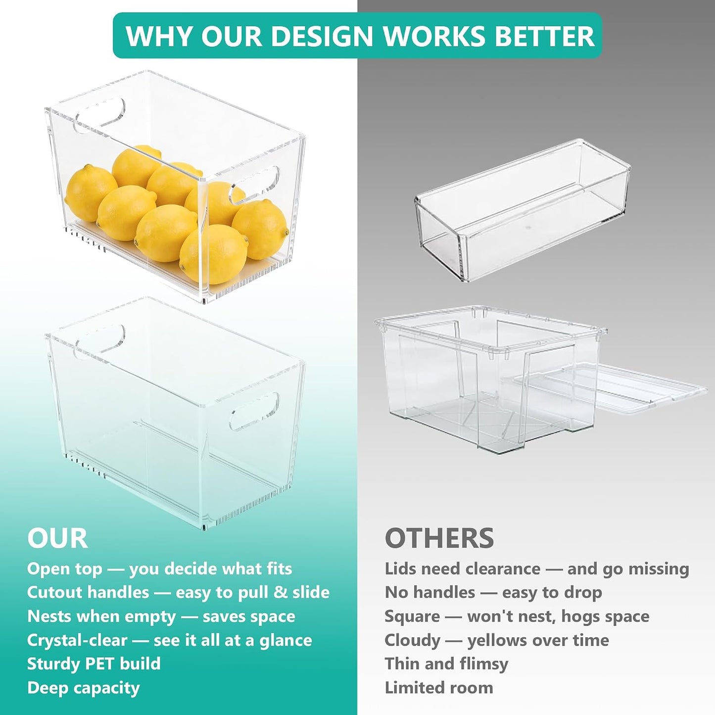 4 Pack Clear Storage Bins, PET Pantry Organizers & No-Tip Storage Containers with Cutout Handles for Fridge Freezer Kitchen Cabinet Closet Countertop, Nestable Open Top Organization Bins Save Space
