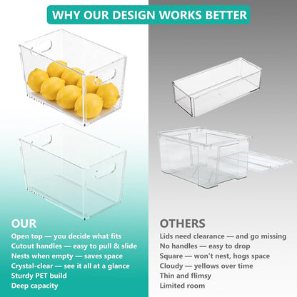4 Pack Clear Storage Bins, PET Pantry Organizers & No-Tip Storage Containers with Cutout Handles for Fridge Freezer Kitchen Cabinet Closet Countertop, Nestable Open Top Organization Bins Save Space