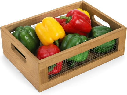 Dicunoy Set of 2 Decorative Wooden Crates, Rustic Countertop Nesting Basket with Handle, Antique Small Storage Containers for Fruit, Veggies, Kitchen, Bathroom, Shelf, Pantry, Gift Basket