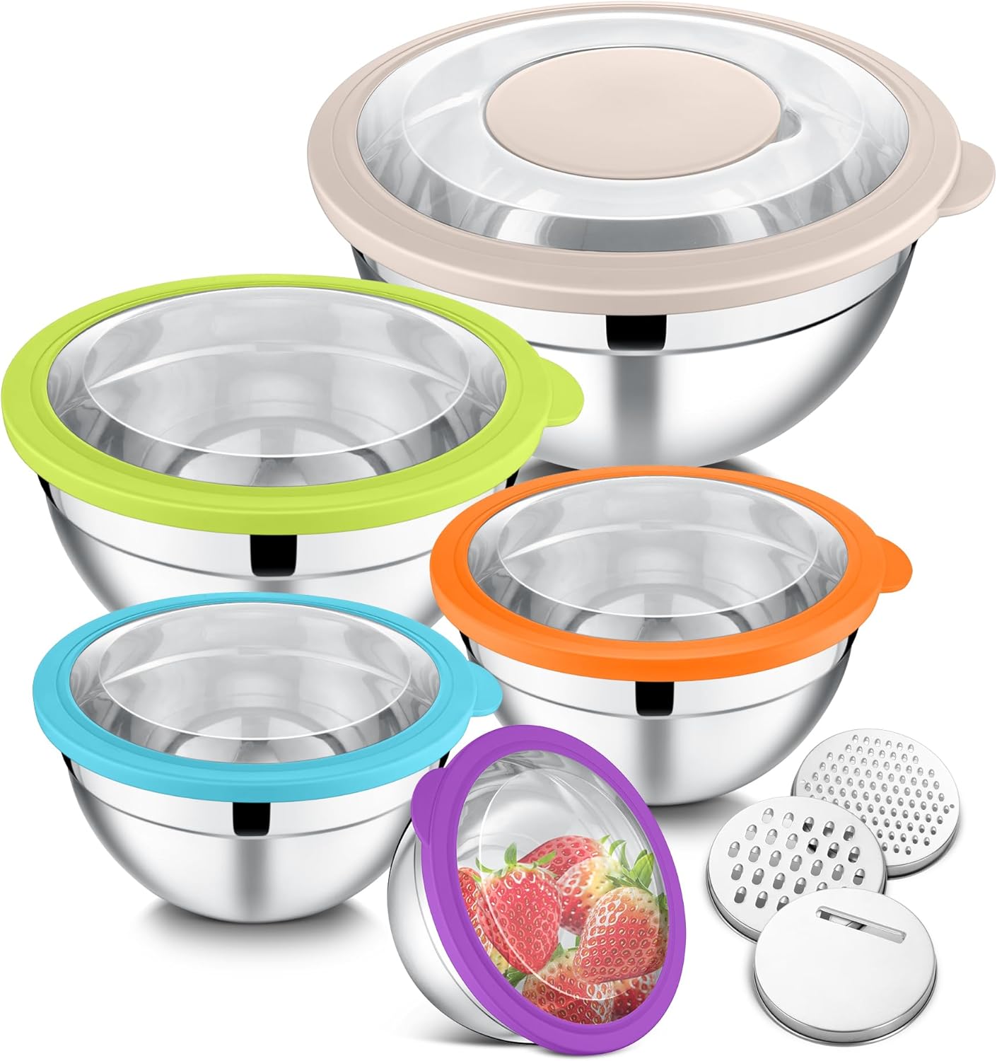 E-far Mixing Bowls Set of 5, Stainless Steel Salad Mixing Bowl with Transparent Lid, Metal Nesting Bowl Attach with 3 Graters for Kitchen Prepping/Serving/Baking/Storage, 4.6/2.6/1.5/1/0.7 QT - Black
