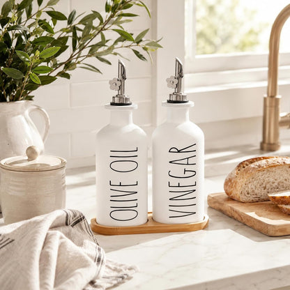 HOMCDALY Premium Olive Oil Dispenser for Kitchen, 11.8oz Glass Oil Bottles with Bamboo Tray, White Oil&Vinegar Cruet Set, Kitchen Dispenser Bottles with Pourer| Set of 2 (11.8oz –P–White)