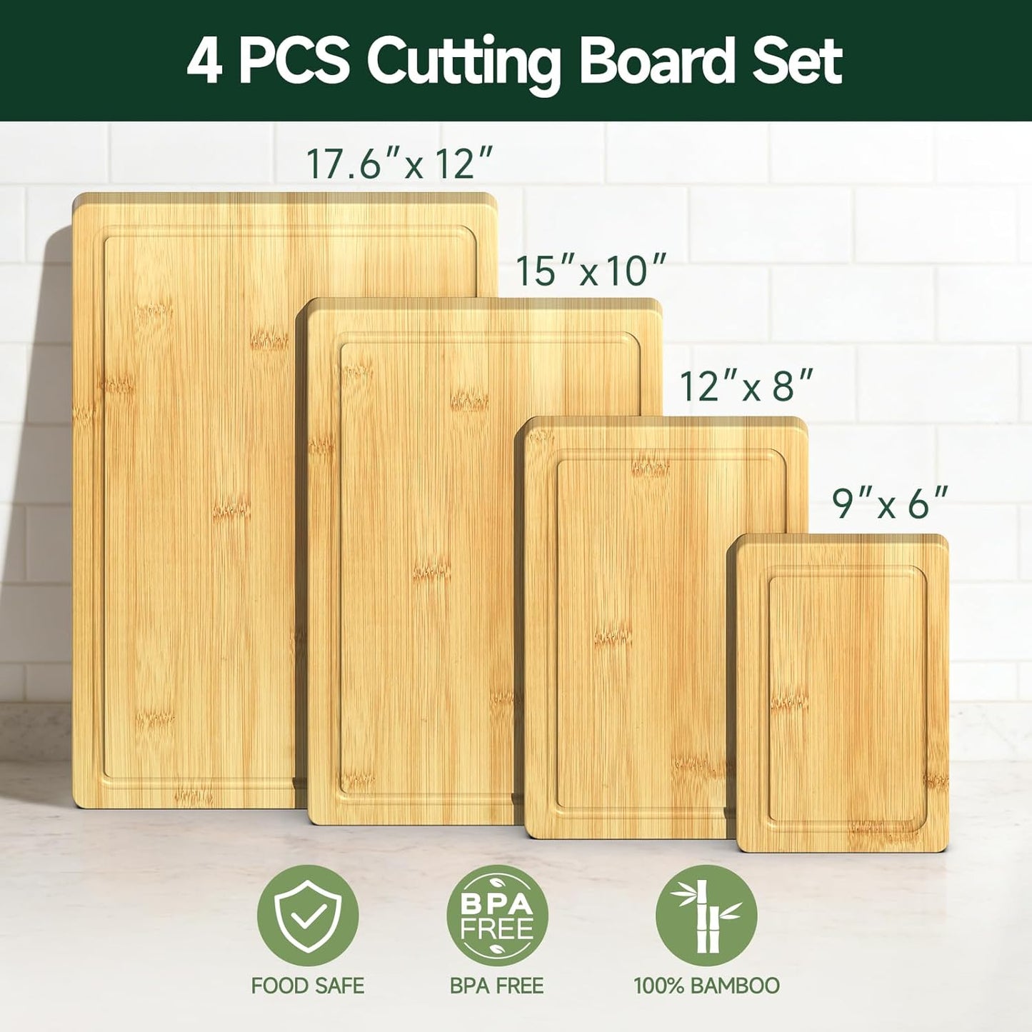 3-Piece Set Bamboo Cutting Board for Kitchen - Crack-Resistant Wood Chopping Boards with Deep Juice Grooves, Pre-Oiled Butcher Block for Meat, Vegetables & Cheese, Carbonized