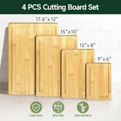 3-Piece Set Bamboo Cutting Board for Kitchen - Crack-Resistant Wood Chopping Boards with Deep Juice Grooves, Pre-Oiled Butcher Block for Meat, Vegetables & Cheese, Carbonized