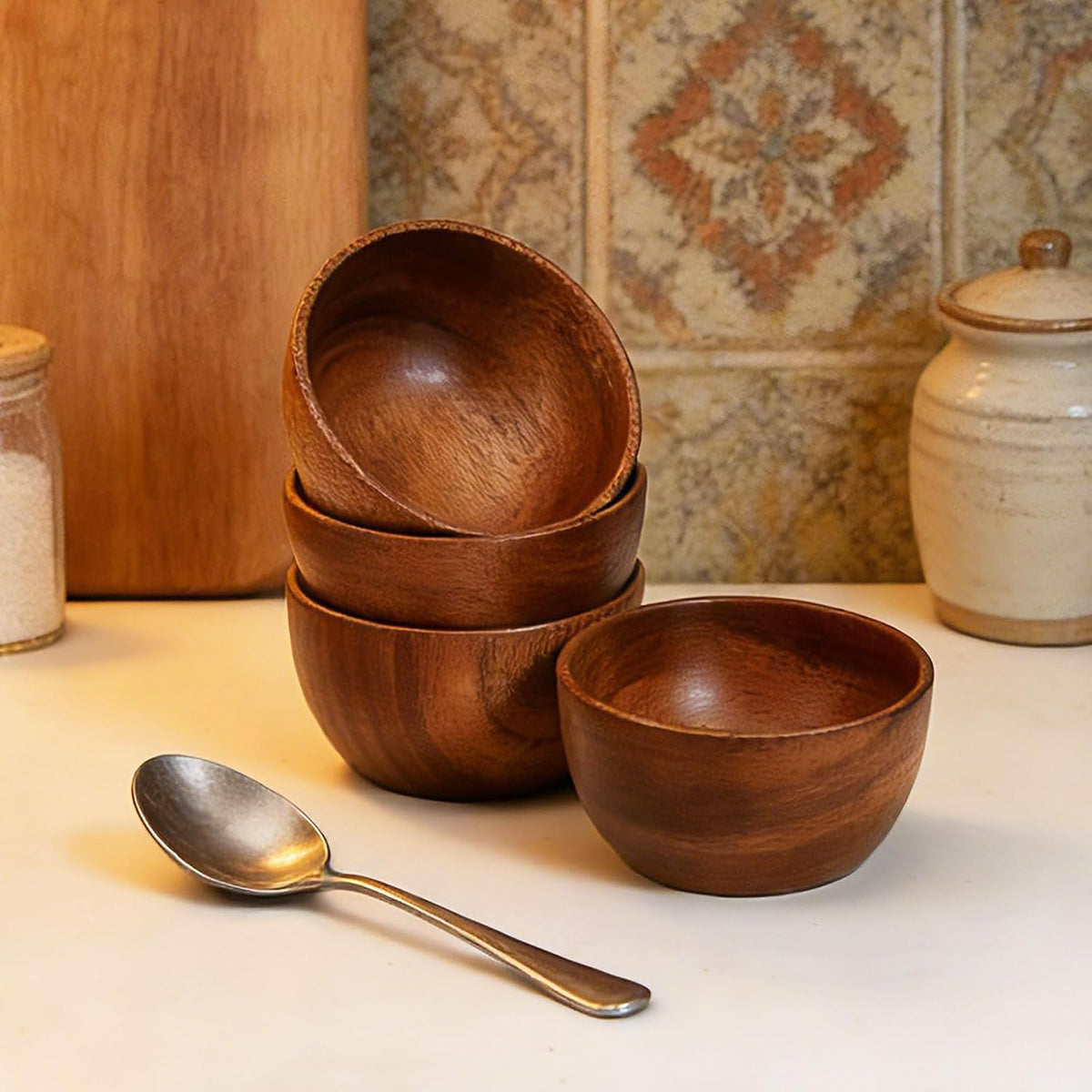 Acacia Wooden Bowls Set, Small Pinch Bowls for Sauces/Dips/Condiments, Mini Serving Bowls for Snacks/Appetizers/Side Dishes/Charcuterie Board, 3 oz Wooden Ramekins, Handmade Reusable, 4 pcs