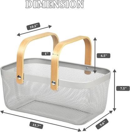 Coloful Metal Mesh Wire Basket with Foldable Wooden Handle,Bin Garden Fruit Vegetable Storage Hanging Harvest Holder for Kitchen Bathroom Picnic (Yellowish Green, Cuboid-15.7 x 9.5 x 7.2“)