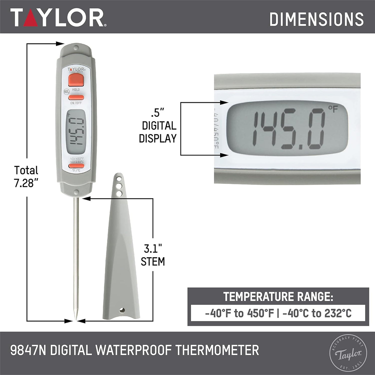 Taylor Digital Instant Read Waterproof Meat Thermometer with Backlight