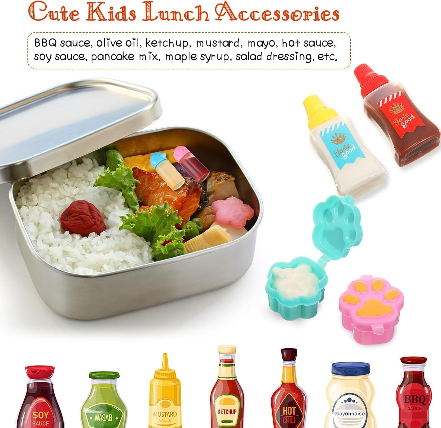 50 Pcs Kids Bento Box Accessories Including Food Picks Mini Condiment Bottles Ketchup Squeeze Bottles, Mini Soy Sauce Container with Funnel for Kids School Bento Camping Office Accessories (Animal)