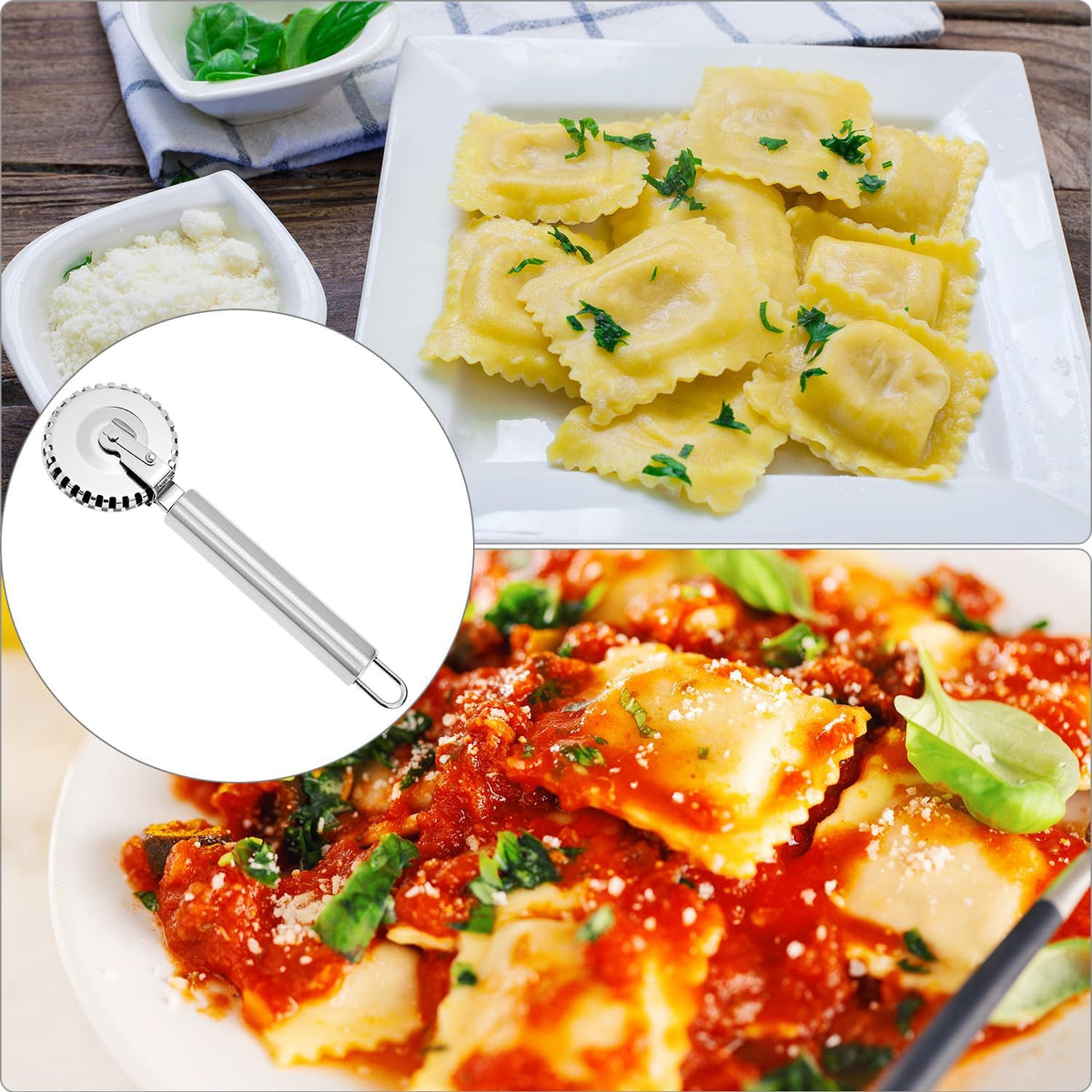 QWORK Ravioli Cutter, 430 Stainless Steel Pasta and Pastry Tool with Ergonomic Handle, Dishwasher Safe for Effortless Cutting, Sealing, and Crimping