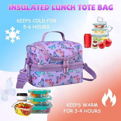 Lunch Bag for Girls,ChaseChic Insulated Lightweight Lunch Boxes for Kids Boys Dual Compartment Lunch Organizer Leak-Proof Cooler Bag with Detachable Adjustable Shoulder Strap,Purple Butterflies