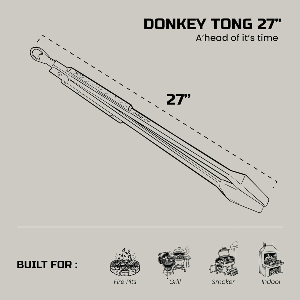 Donkey Tong 27" Heavy Duty BBQ Tongs | Extra Long Grill Tongs with Oak Wood Handle | Handmade Stainless Steel Meat Tongs for Grilling, Smoking, Charcoal & Campfire Cooking | BBQ Gift for Grill Masters