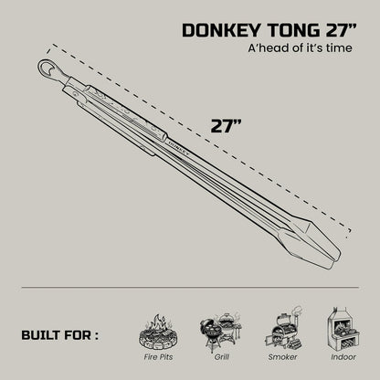 Donkey Tong 27" Heavy Duty BBQ Tongs | Extra Long Grill Tongs with Oak Wood Handle | Handmade Stainless Steel Meat Tongs for Grilling, Smoking, Charcoal & Campfire Cooking | BBQ Gift for Grill Masters