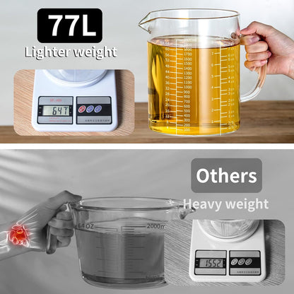 77L 3 Pack Glass Measuring Cup Set (1 1/4, 2 & 4 Cup) [Insulated handle, V-Shaped Spout], High Borosilicate Liquid Glass Measure Cup for Kitchen, Easy To Read, Dishwasher, Freezer, and Microwave Safe