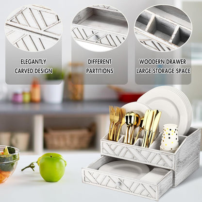 Marsui Paper Plate Dispenser, Wood Rustic Paper Plate Holder for Countertop with Drawer Silverware Utensil Caddy, Cutlery Flatware Organizer for Spoon Fork Napkins Kitchen Parties(Black)