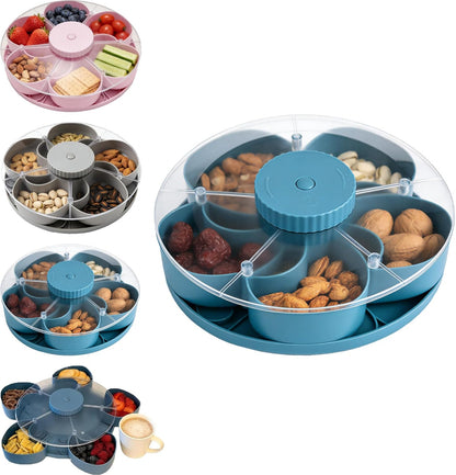 Divided Serving Tray that Spins – Perfect for Snacks, Dips & Party Appetizers with Lid, 5-Compartment Lazy Susan Organizer, Portable Veggie Platter for Party|Travel|Picnic (Blue)