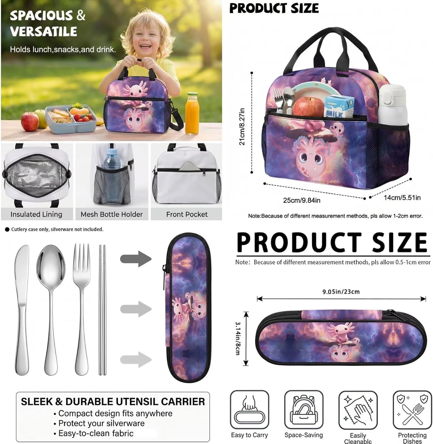 Cute Capybara Pizza Backpack for Girls, 5 Pcs Boys School Bag Set for Kids, 17 Inch Backpacks Lunch Pencil Box Reusable Utensils Case Set for Middle Elementary School, 3rd Grade Backpack