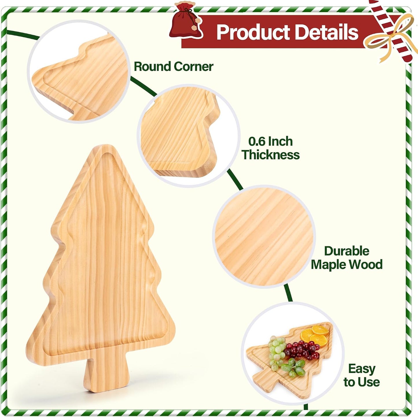 Divided Wood Serving Tray, Rectangular Tray Chip and Dip Platter, Serving Tray with 5 Sections for Appetizers & Snacks, Veggie Platter, Food Trays for Party 12'' x 8.7'' x 0.6''